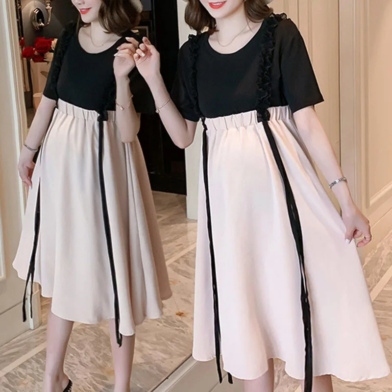 Summer Pregnant Women Noble Fashion Outing Suit Stretch Thin T-shirt Two-piece Temperament Strap Chiffon Breastfeeding Dress