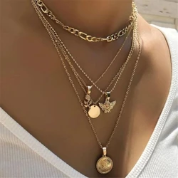 New Vintage Gold-plate Coin Rose Angel Disc Pendant Necklaces For Women Female Multilevel Chain Collar Jewelry Gift Wholesale