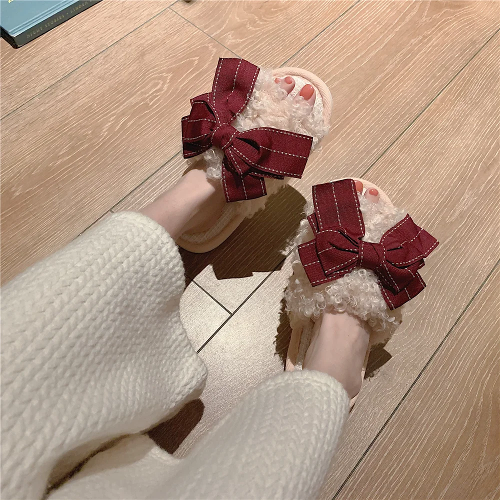 Plush Wool Slippers Female 2021 Autumn Winter Fashion Indoor Home Anti Slip Cotton Slippers Bow Slippers
