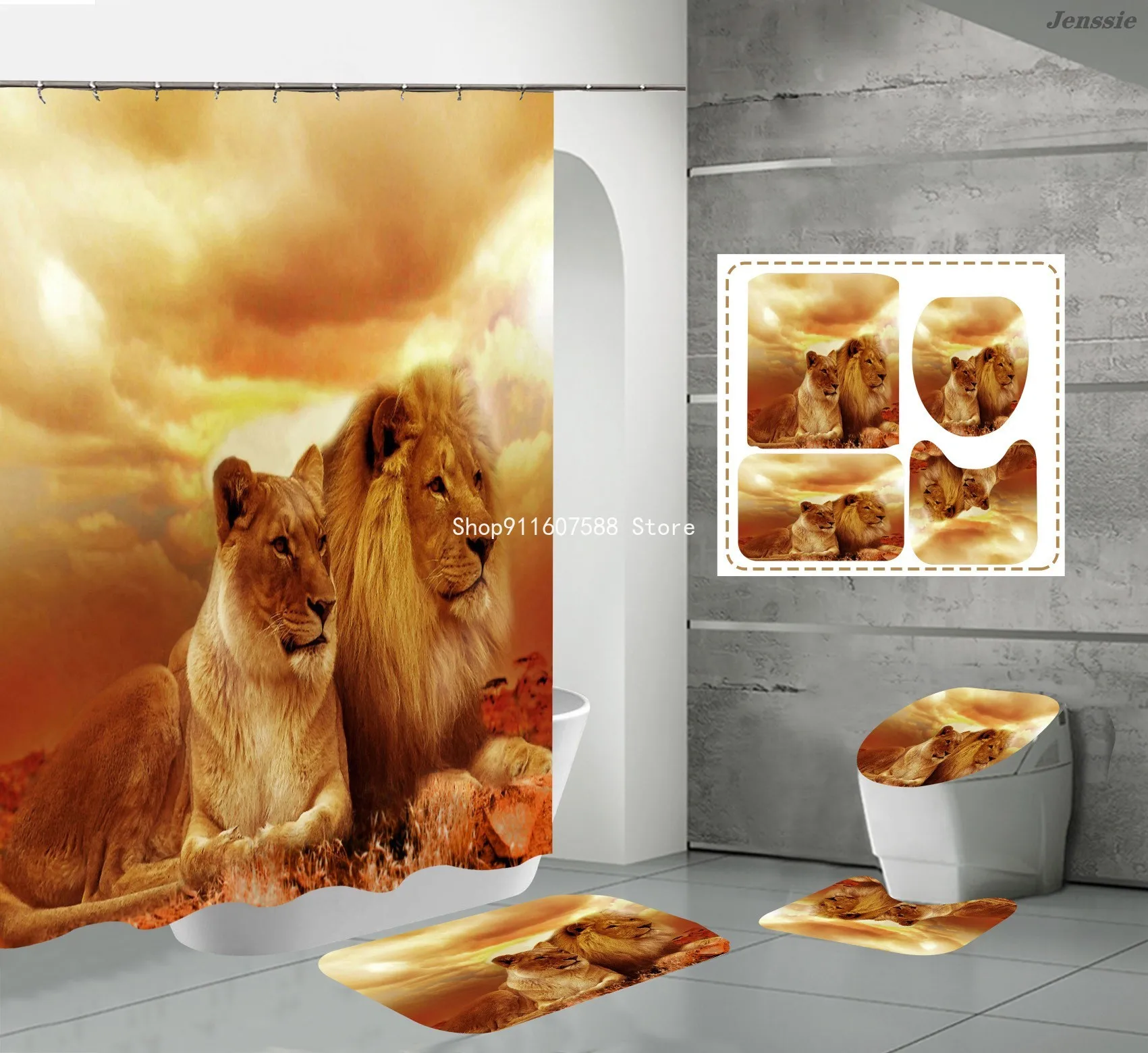 Animal Print Black Shower Curtains Lion Tiger Cheetah 3D Bathroom Curtain Set Anti-slip Bath Mat Soft Toilet Lid Cover Home Rugs