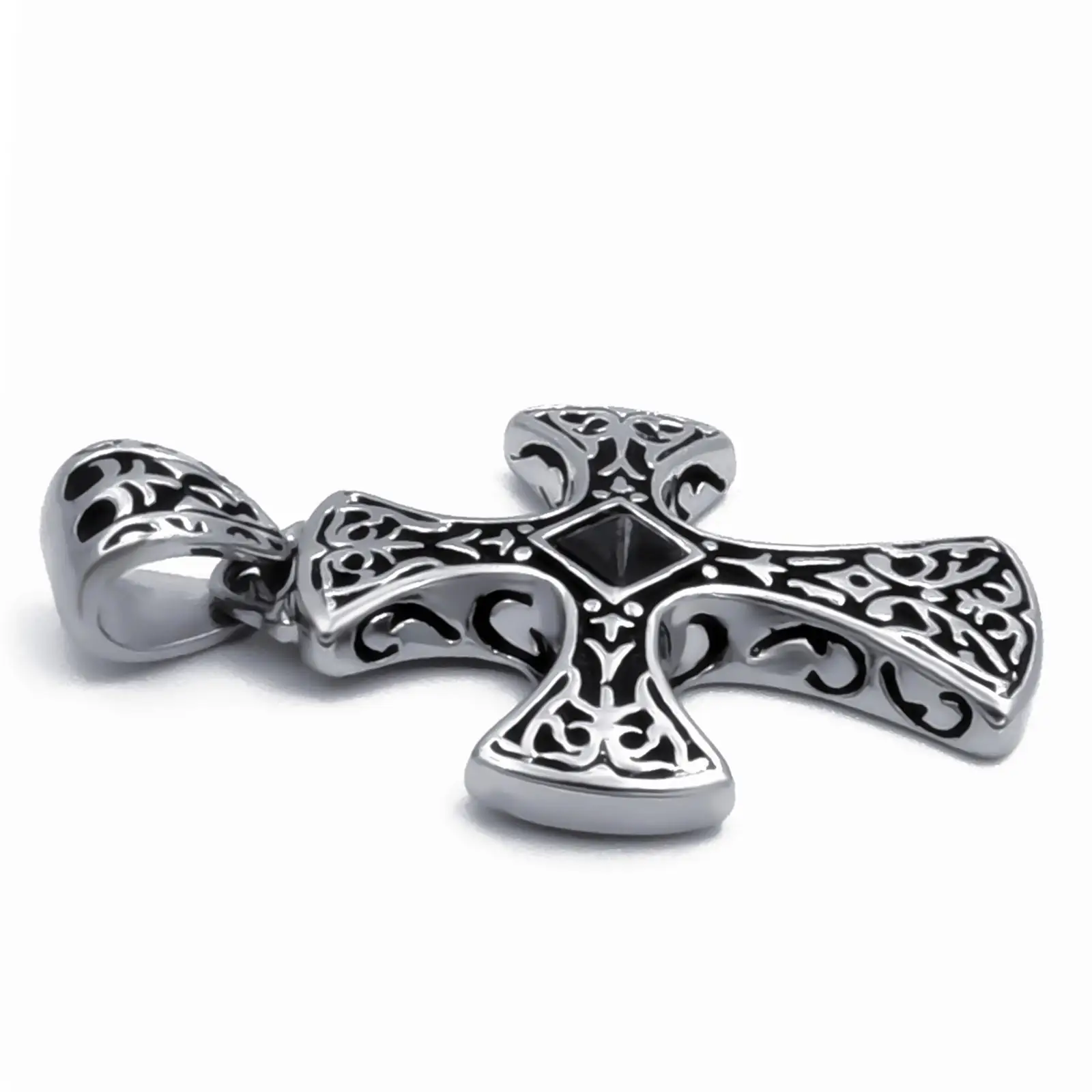 Elfasio Mens Boys Celtic Black CZ Cross Stainless Steel Pendant Necklace with 18-30inch Box Chain Vintage Jewelry