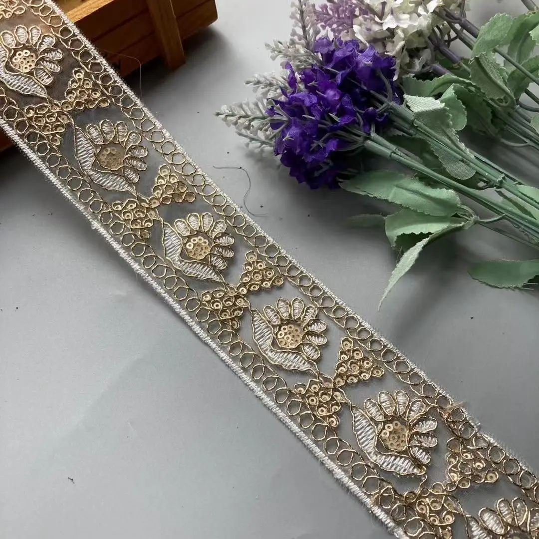 1 Yards Sequin Lace Trim Lace Ribbons Fabric DIY Embroidery for Garments Headdress Ethnic Wedding Decor Sewing Handmade Supplies