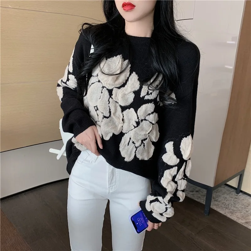 2020 Autumn Winter Floral Print Sweater Women Knitted Pullover Femme Sweaters High Quality Knitted  black Sweater Jumper