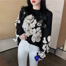 2020 Autumn Winter Floral Print Sweater Women Knitted Pullover Femme Sweaters High Quality Knitted  black Sweater Jumper