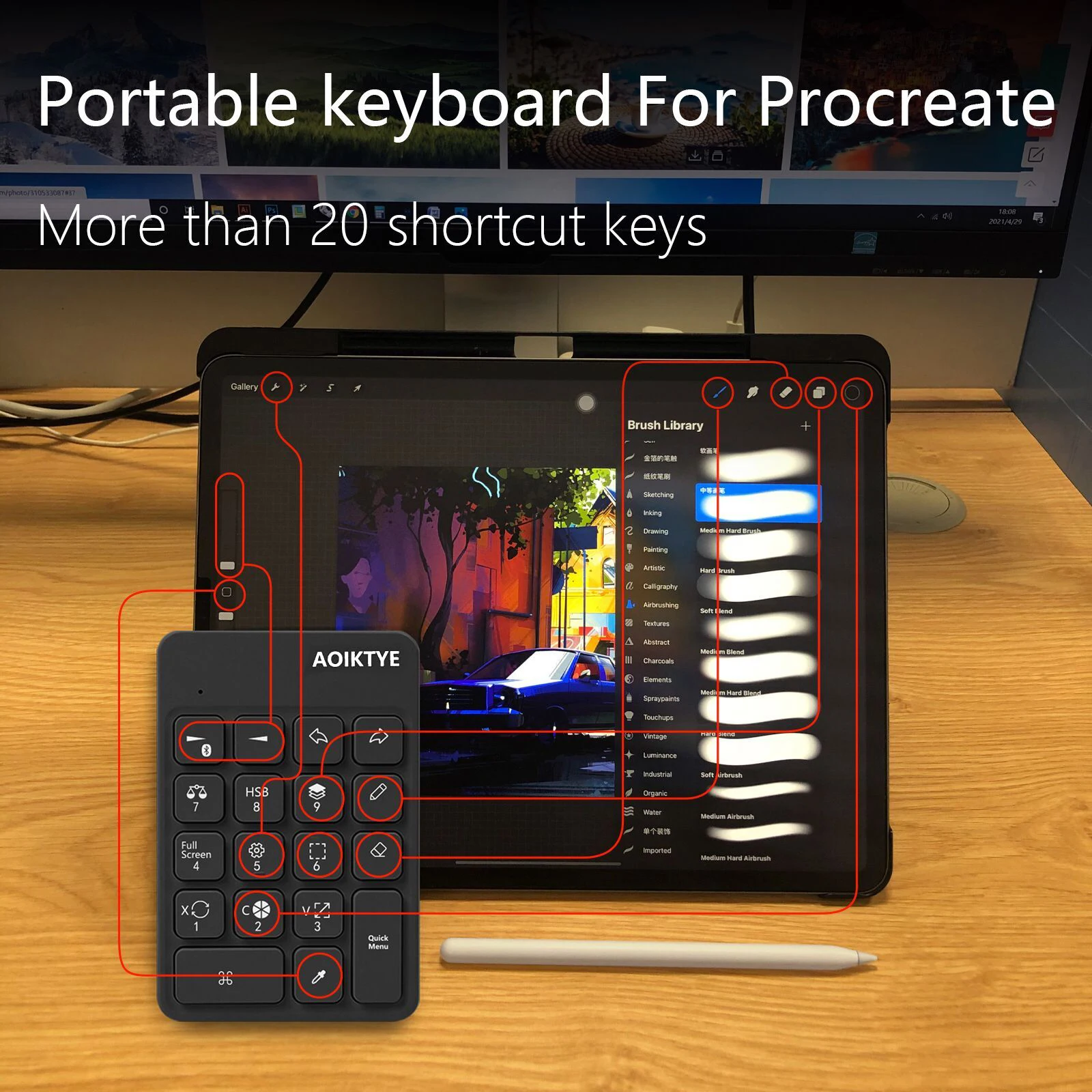 Aoiktye-teclado inalámbrico con Bluetooth para iPad, gráfico Procreate tableta de dibujo, Mini portátil, recargable