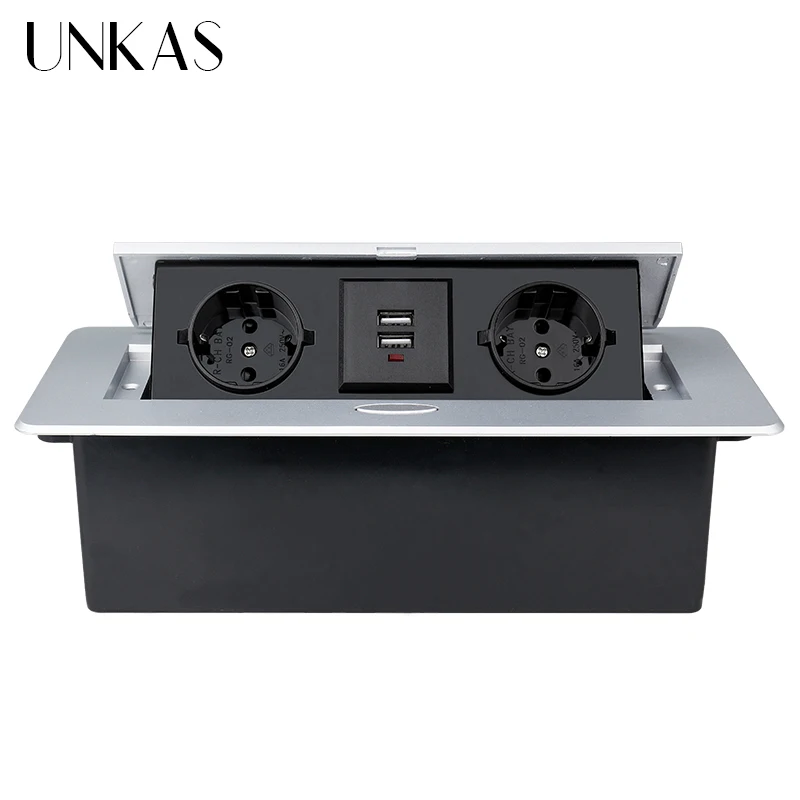 UNKAS Desktop Socket Table Outlet 2 3 DE EU FR Socket With USB Charging Slow Pop Up Black Silver Aluminum Alloy Cover