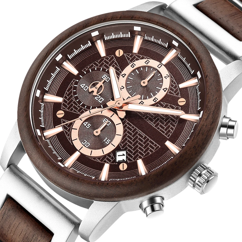 Relogio Masculino Gold Luxury Men Watch Metal Wooden Chronograph Wristwatch Quartz Timepiece Custom Steel Dial Christmas Gift