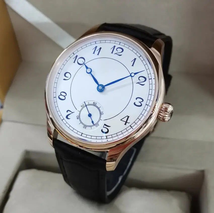 GEERVO No logo manual mechanical men\'s Watch Rose gold case Rice white Dial blue hand 44mm Big watch