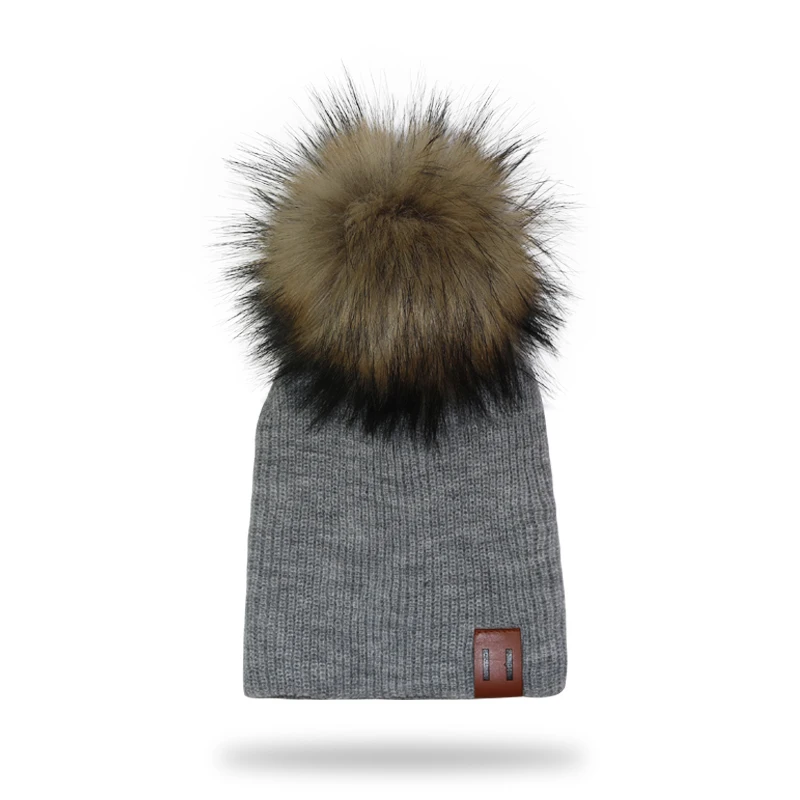 Winter Kids Boy Girl Leather Labled Knitted Artificial Raccoon Pompom Hat Crochet Children\'s Caps Baby Beanie Hats Bonnet