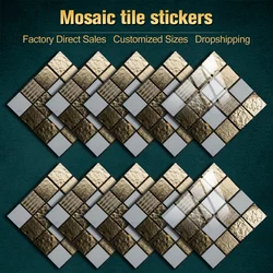 10/15/20/30cm Gold & Gray Flat Mosaic Crystal Hard Film Tiles Sticker Kitchen Bathroom Living Room Decoration PVC Wall Decals