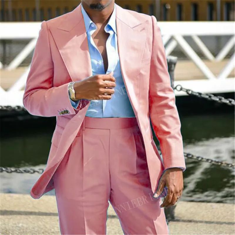 Newest Coral Red Men Suit 2 piece Custom Slim fit Groom Wedding Suits Dress Tuxedo Casual Large Peaked Lapel Male Jacket Pants