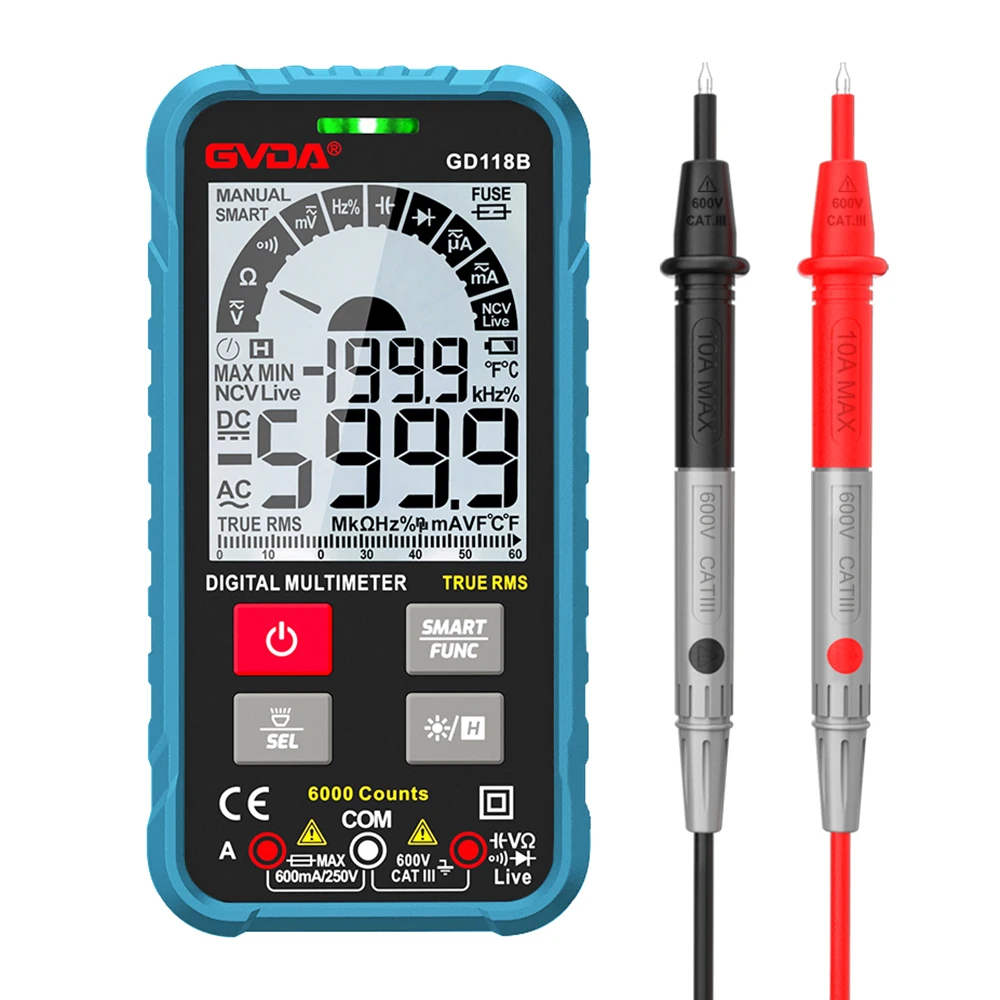 GVDA-multímetro Digital Ture RMS, 6000 recuentos, rango automático, NCV, probador inteligente, CA, CC, voltaje, capacitancia, Ohm, Hz