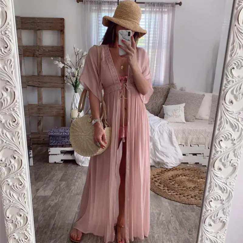 2022 Summer Solid Lace Beach Cover Up Long Cardigan Lace Up Swimwear Beach Dress Kaftan Beach Wear Swimsuit Pareo Saida De Praia