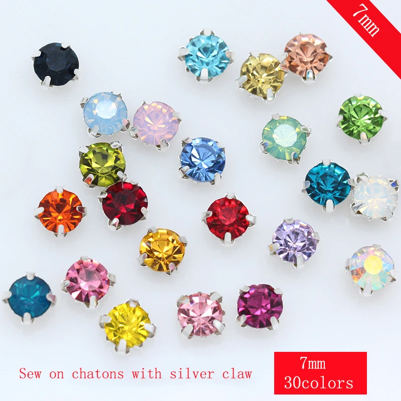 36pcs 7mm Sew on Crystal Glass Rhinestone Flatback Diamante Diy Decorative Silver Cup Claw 4-holes Sewing Craft clothes Beads