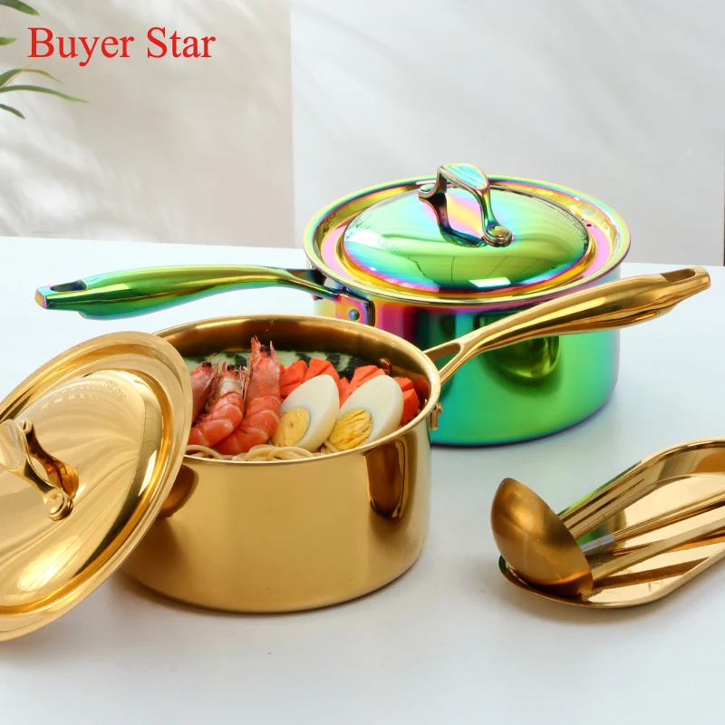 Thicken Golden stainless steel Boiling pot with lid kitchen soup Milk cooking pan long anti-heat handle cookware for restaurant