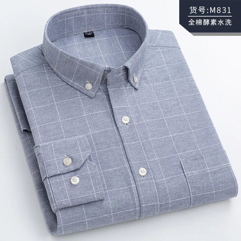 100% Cotton Long Sleeve Shirt Plaid 7XL Middle-aged Business Slim Fit Shirt Men Casual Korean Clothes Oversized Button Up Shirt