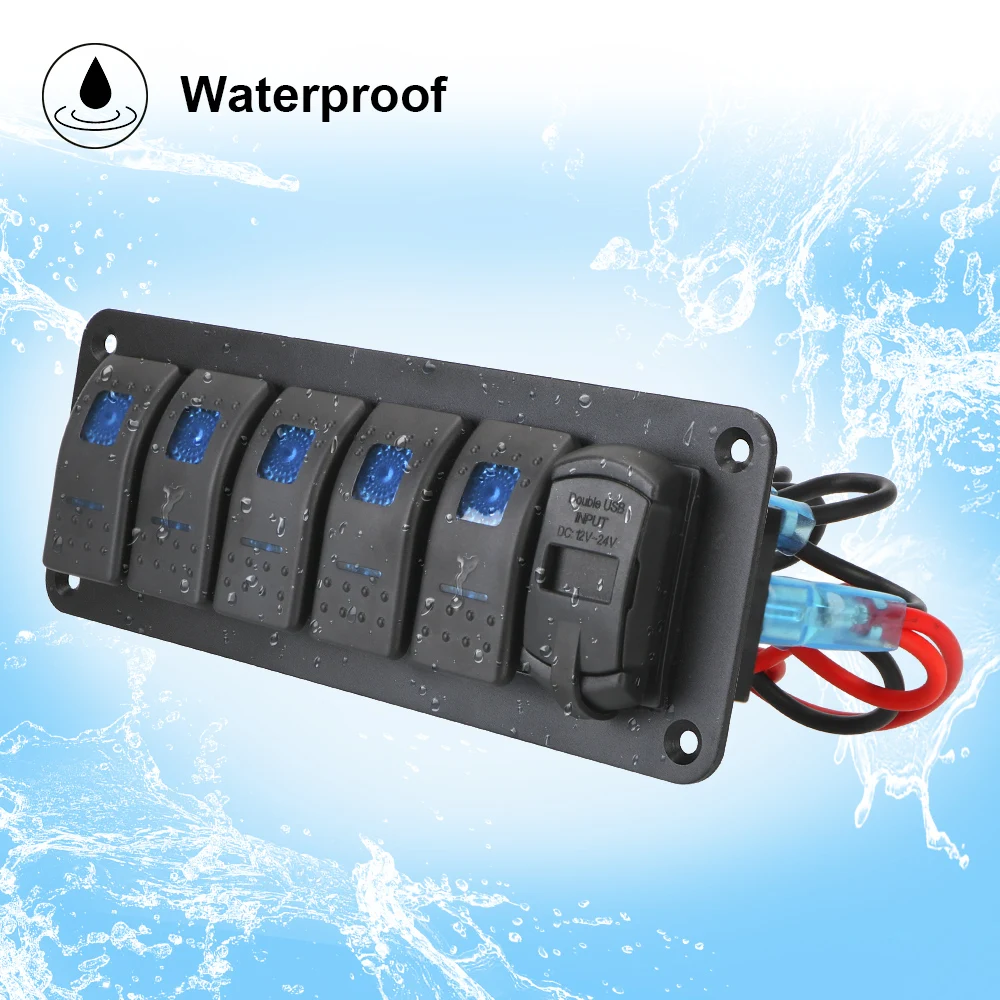 Digital Voltage Display 5 Gang Rocker Switch Panel for Marine Car Truck 4.2A Outlet Combination Waterproof Dual USB Port