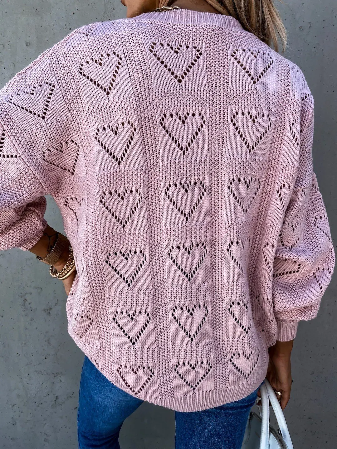 Casual Solid Color Sweater Women Jumper Pullover Tops Fashion Lady Hollow Out Heart Shape V Neck Ribbed Knitted Sweaters S-2XL