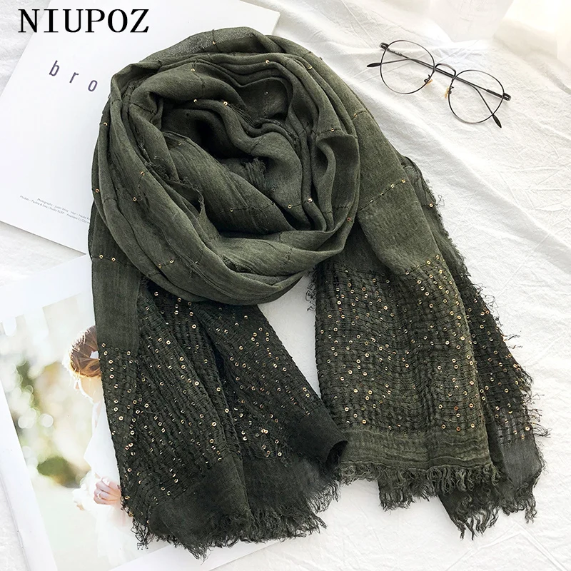 New Design Oversized Cotton Women Foulard Winter Scarf With Sequins Long Solid Shawl Muslim Hijab Warm Thick Knitted