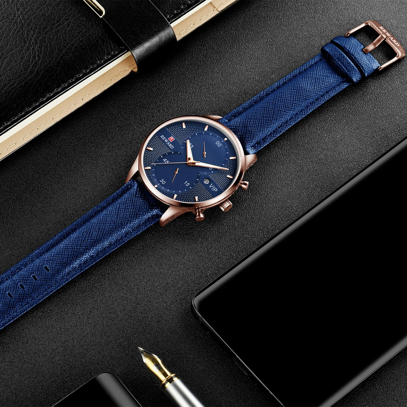 REWARD Rose Gold Quartz Wrist Watches for Men Blue Leather Band Calendar Display Grid Dial Design Business Watch Male