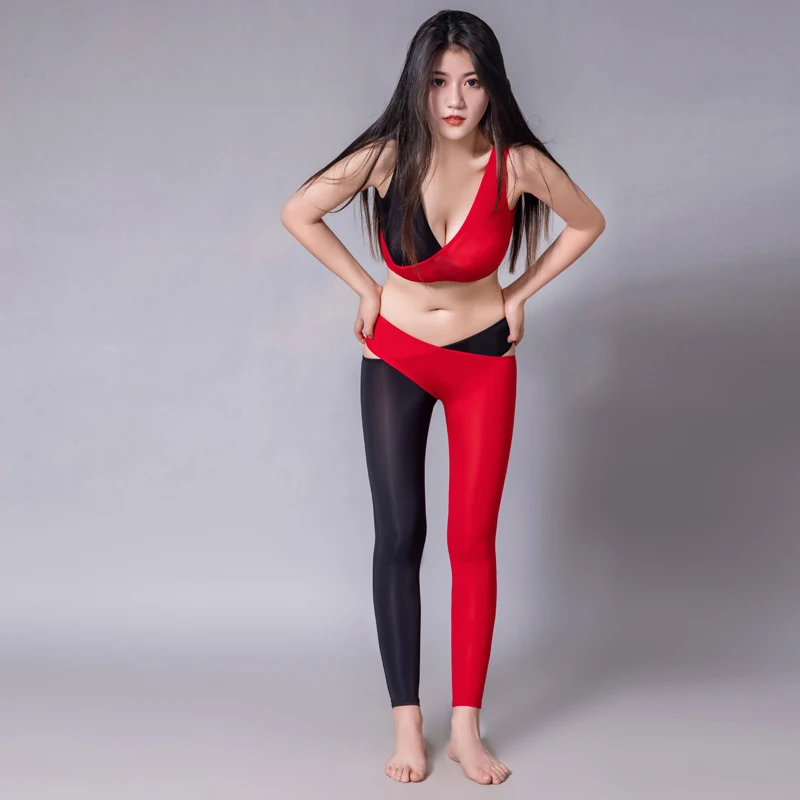 Sexy women High-elastic Two-piece suit Cross Split leg pose workout Leggings Shiny Ice silk Yoga pants Oily  Perspective Tights