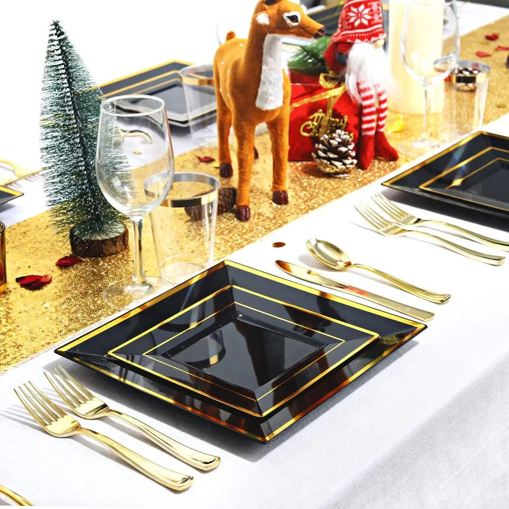Elegant Disposable Plastic Dinner Plates,Heavy Duty Fancy Square Black with Gold Rim Plastic Salad/Dessert Plates for Party
