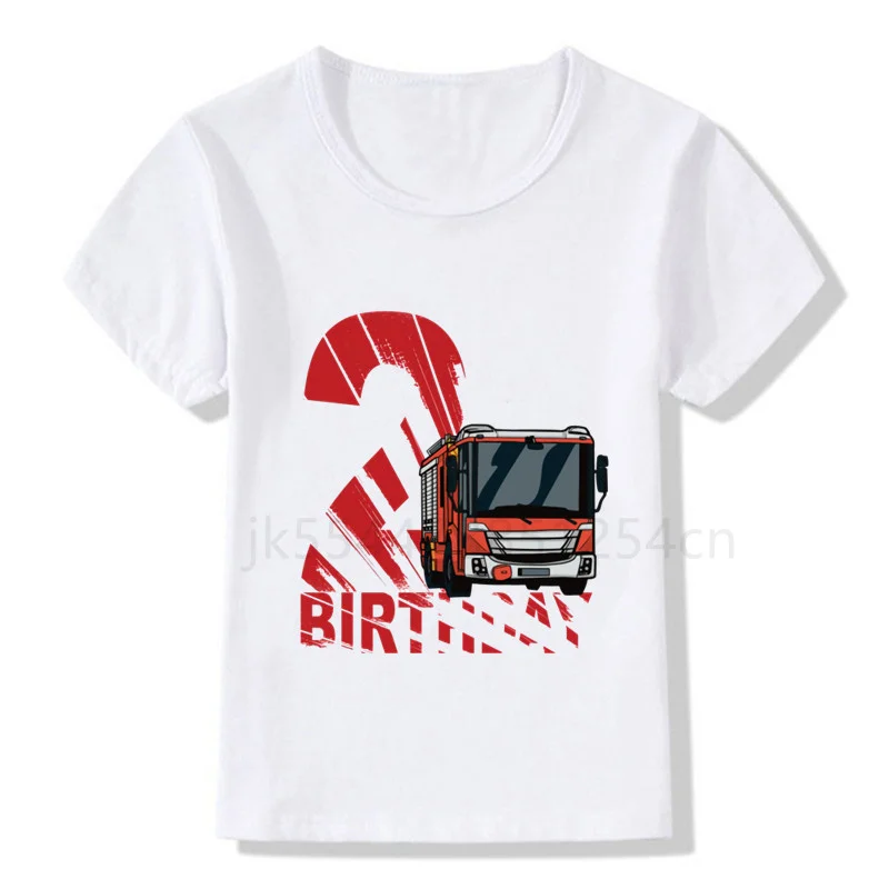 Boys Cool Fireman Birthday Party T-shirt Kid Fire Truck Shirt Boy Train Tees Toddler Boy Construction Truck Shirts Number 2-8