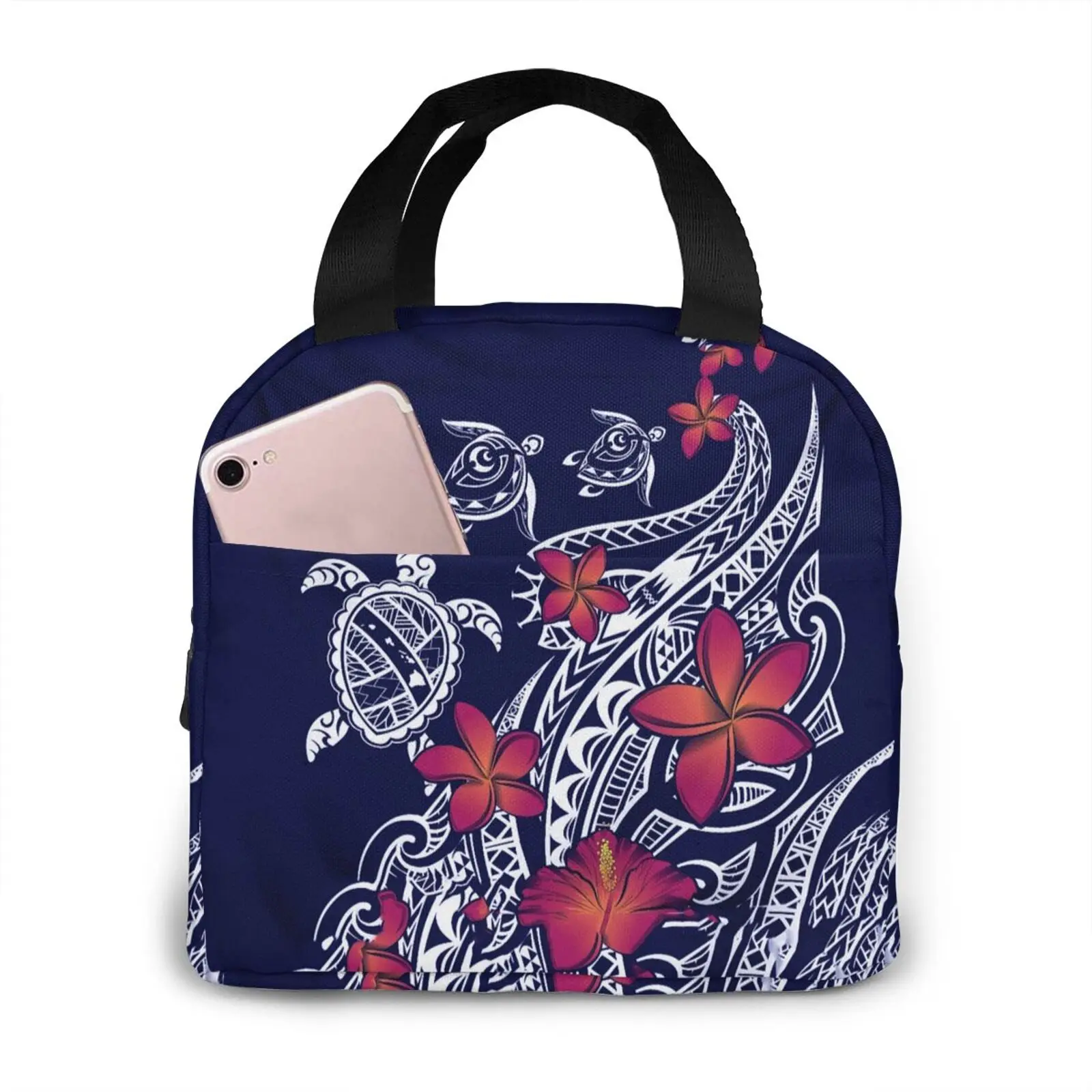 

NOISYDESIGNS Polynesian Hibiscus Turtle Portable Lunch Bag Thermal Insulated Tote Food Cooler Bag Pouch Lunch Storage Case