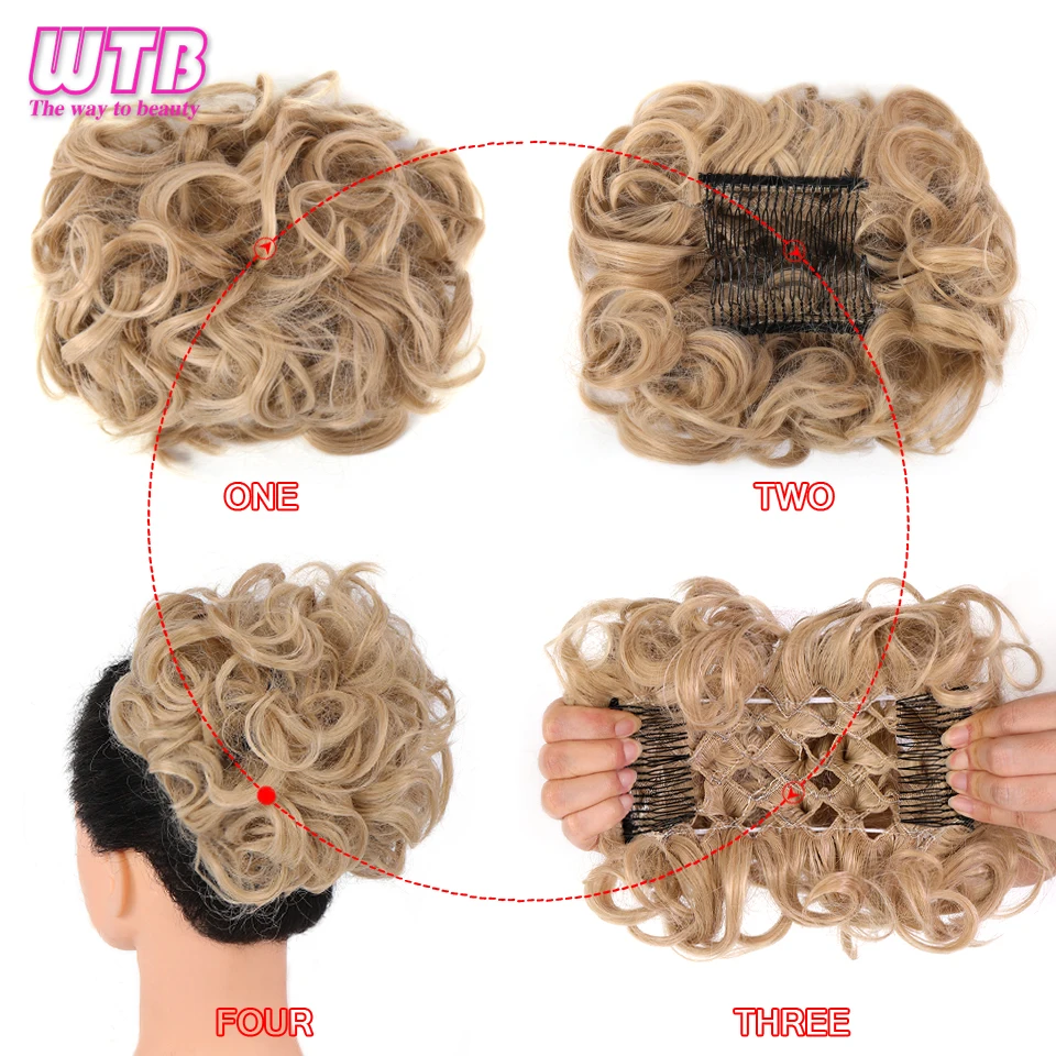 WTB Synthetic Messy Curly Chignon with Rubber Band Hair Bun Two Plastic Comb Clip In Updo Cover Hair Ponytail for Women 25 Color