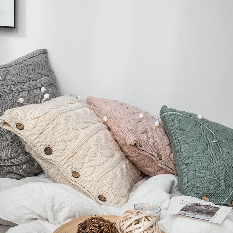 Soft Cotton Plait Knit Cushion Cover Vintage Ivory Grey Pink  Solid Pillow Case 45cm*45cm Button Open Home Decoration Nordic