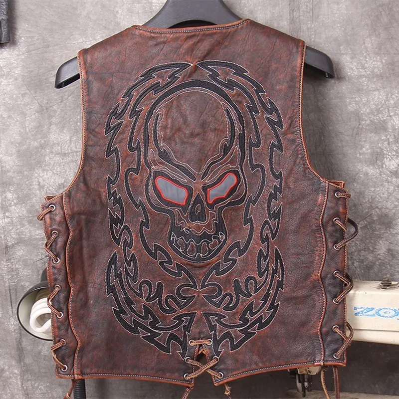 2020 Vintage Red Brown Men Biker\'s Leather Jacket Single Breasted Size XXL Genuine Cowhide Spring Slim Fit Short Motorcycle Vest