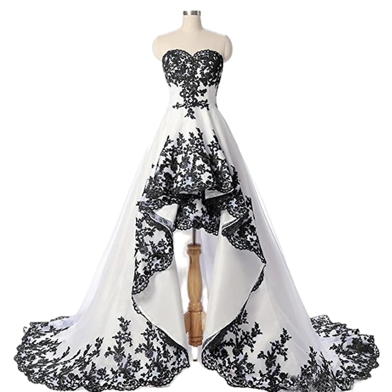 Gothic Đen Trắng Một Dòng Áo Cưới Người Yêu Cao Thấp Cô Dâu VÁY BẦU REN Appliqued Áo Dây De Mariee Vintage Ngắn mặt Trước