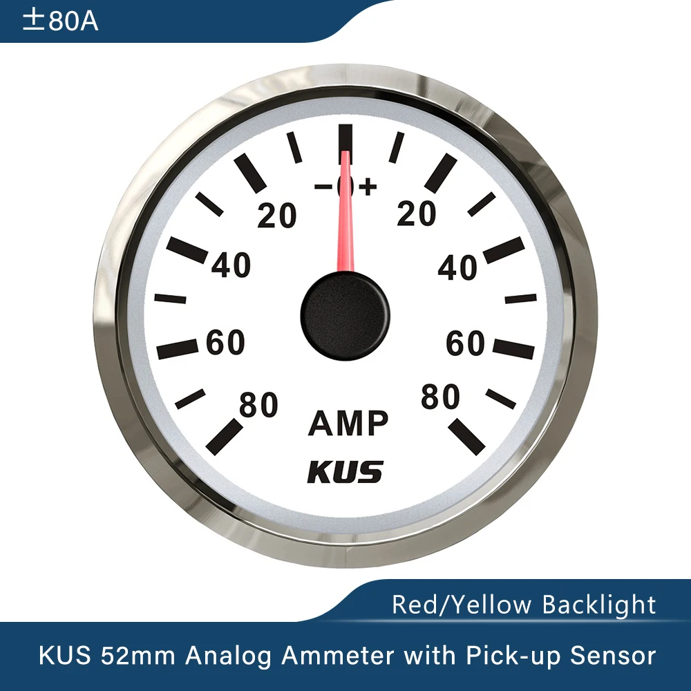 KUS 52mm Ampere Gauge Ammeter AMP Meter +/-50A +/-80A +/-150A With Current Sensor With Red Yellow Backlight 12V/24V