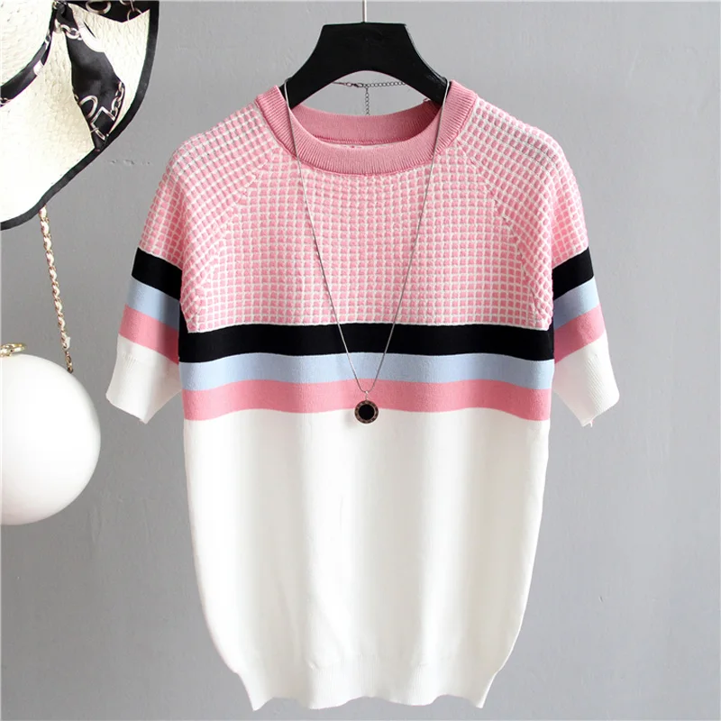 2023 NEW vintage casual summer Striped Sweater pullovers Women o-neck shor Sleeve big size sweater high quality female top