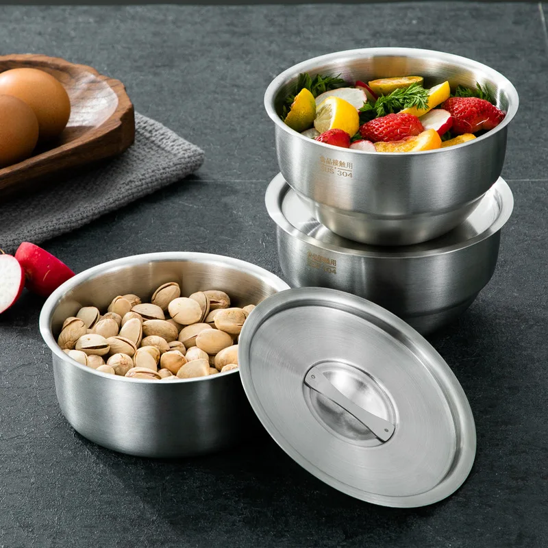 304 Stainless Steel Bowl with Lid Rice Fruit Salad Soup Bowls Food Container Stew Bowls Kitchen Tableware Supplies