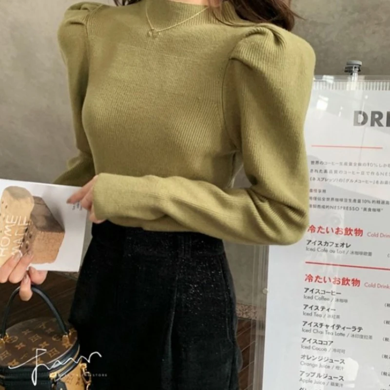 

YAMDI vintage puff sleeve sweater women spring autumn 2020 new arrival female woman jumper sweater solid o neck knit top pullove