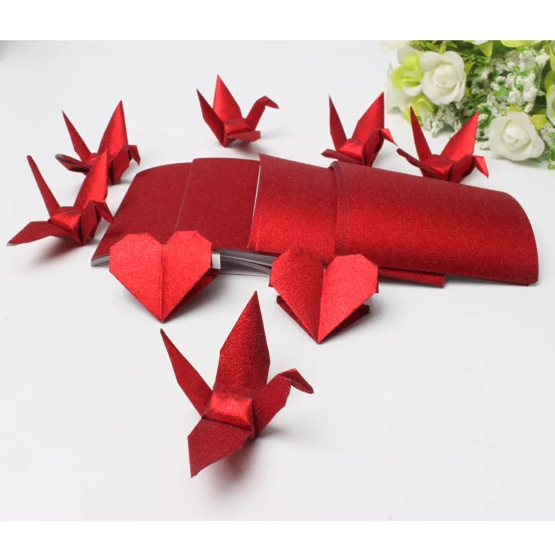 

100Pcs Red Glitter Premade Origami Paper Cranes Folded DIY Garlands For Wedding Decoration Birthday Party Valentine's Day Gift