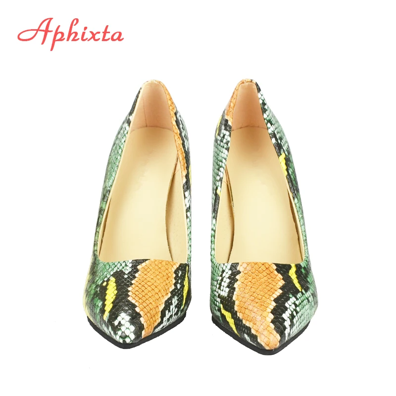 Aphixta Snake Prints Leather Pumps Women Shoes 10cm stiletto Heels Pointed Toe Office Party Dress Shoes Woman Big Size 42