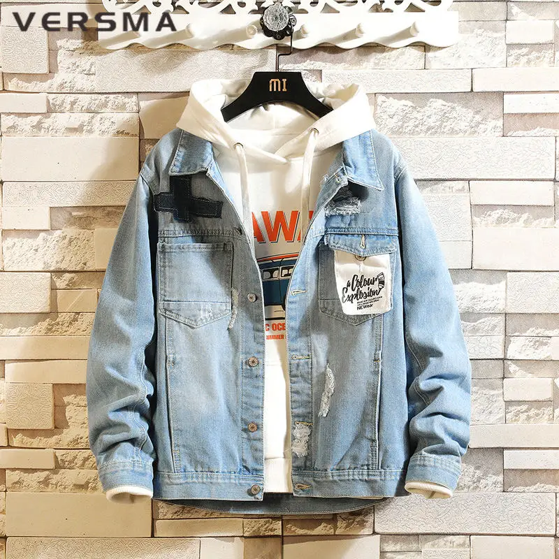 

VERSMA Vintage Fabric Back Print Ripped Patchwork Jeans Jacket Men Women Kpop Cropped Cowboy Denim Teenage Jackets Dropshipping