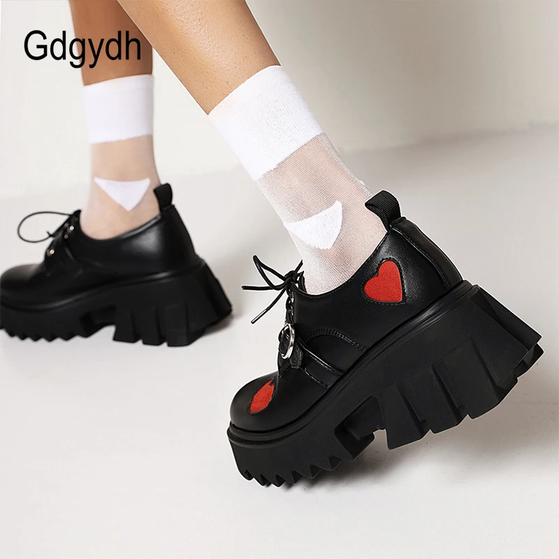 Gdgydh Luxury Brand Female Chunky High Heels Pumps Fashion Buckle Chain Punk Platform Shoes For Women Heart Cute Gothic Shoes