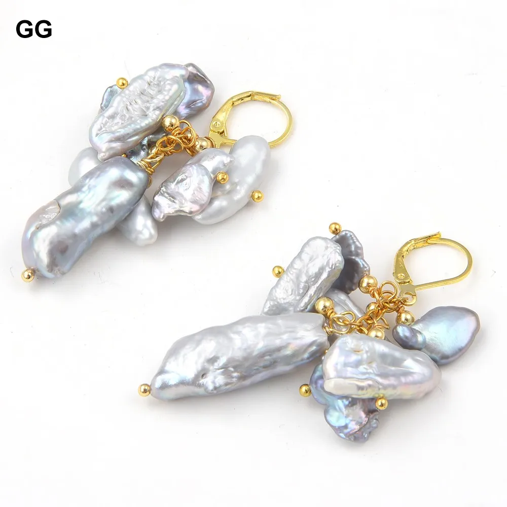 GG Natural Gray Keshi Biwa Pearl Earrings For Women 925 Silver Gold Plated Hook Leverback