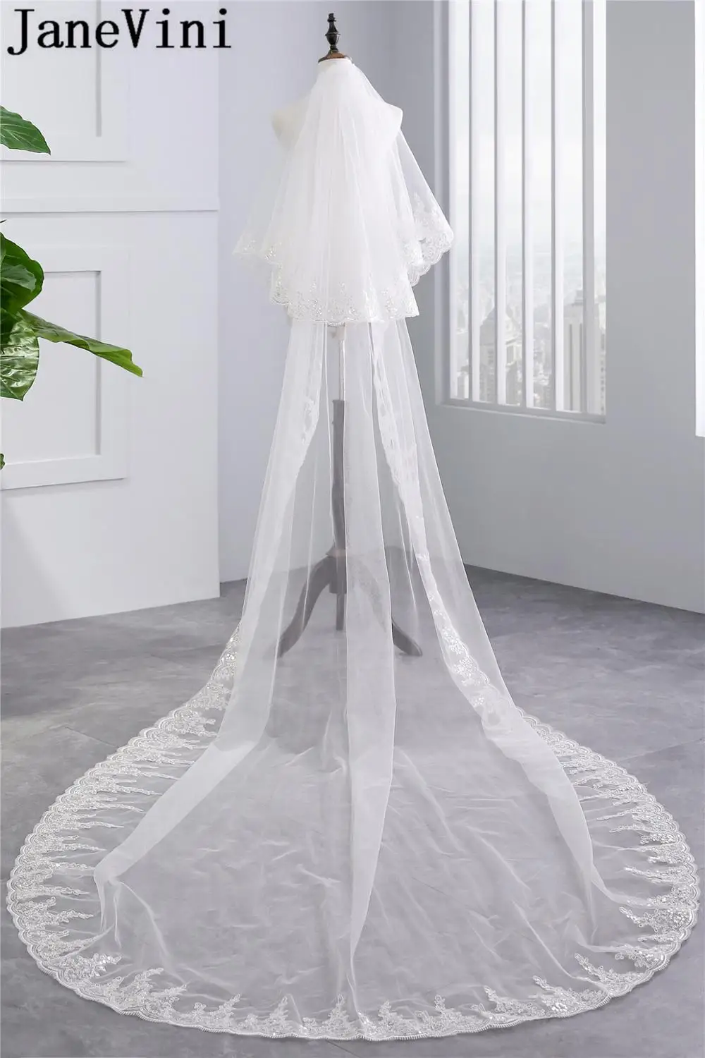 JaneVini – voile Long pour mariage, 3M, avec peigne à paillettes, voile de mariée blanc à 2 niveaux, accessoires de mariage ivoire pour future mariée