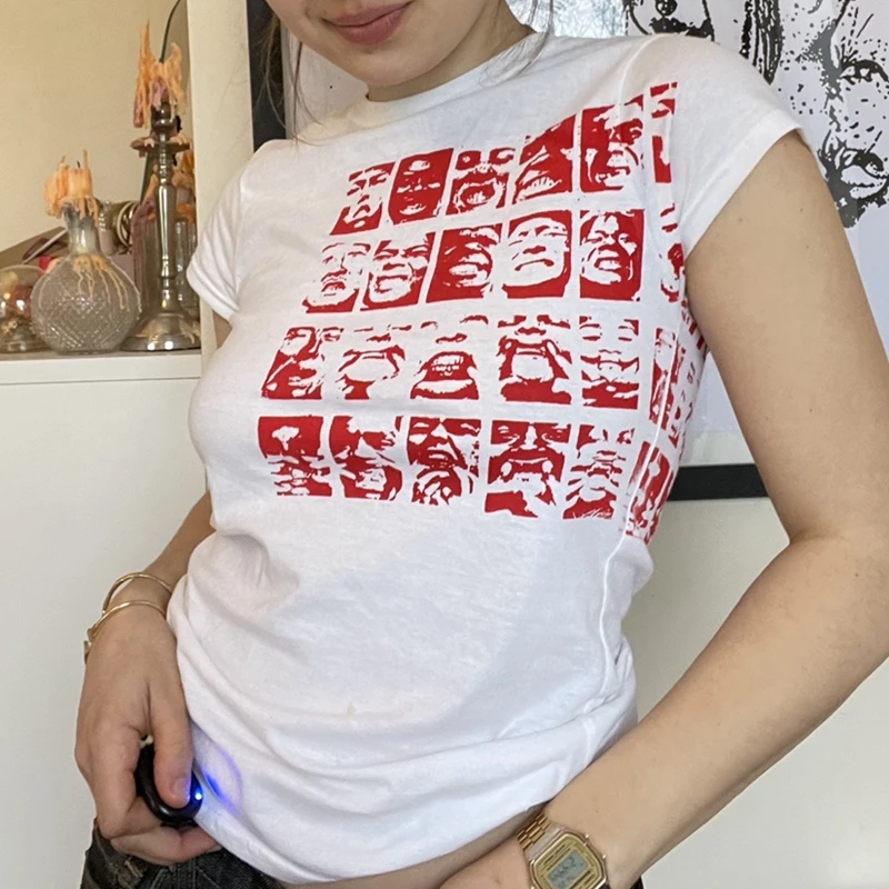 شينغتشينغ القوطية صورة طباعة تي شيرت الجمالية قصيرة الأكمام تعرق تي شيرت Harajuku الشارع الشهير الأبيض المحاصيل الأعلى النساء الملابس