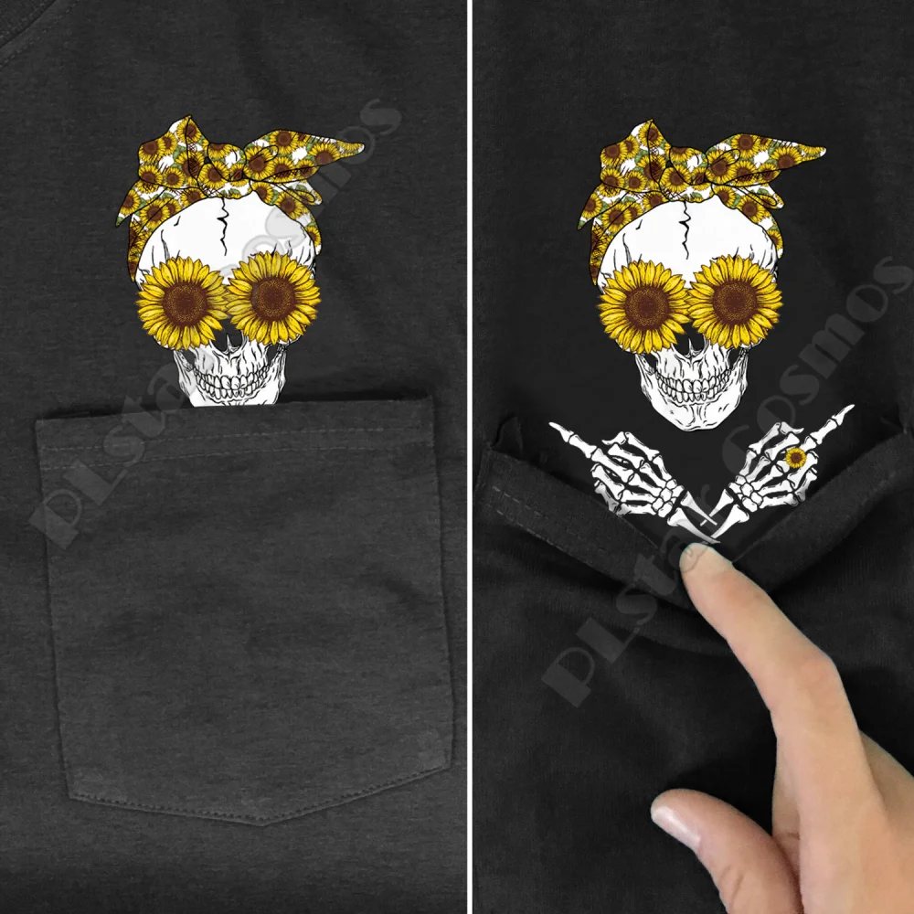 PLstar Cosmos summer t shirts Skull Sunflower Pocket Tee printed t-shirt men women shirts funny cotton black Halloween tops