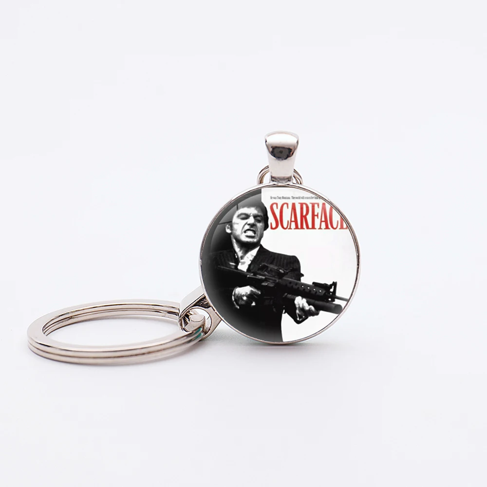 Hot Movie Scarface Glass Pendant Keychains Keychain Handmade Silver Plated Pendants Key chains Key rings Silver Plated Keychains