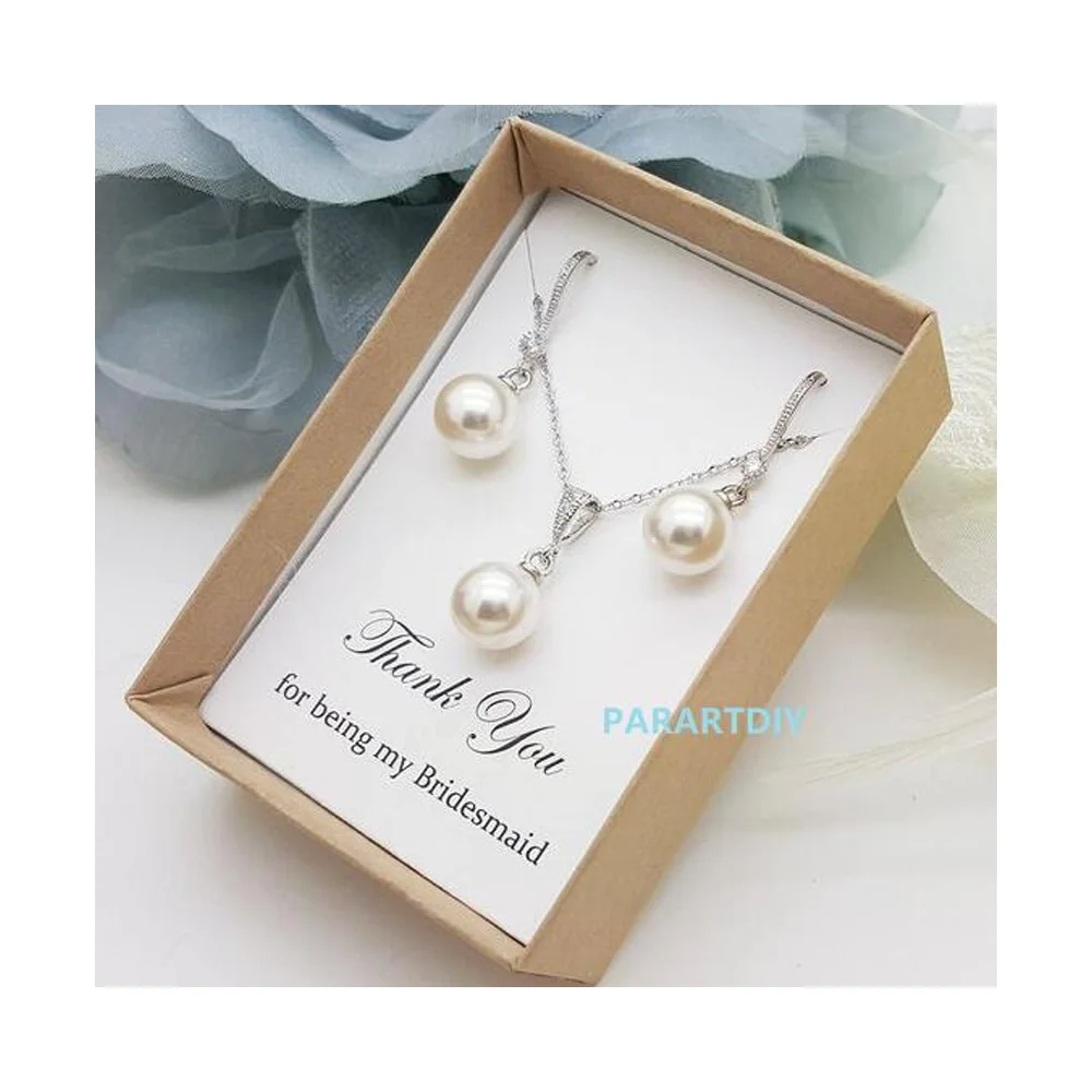 Personalized text Bridesmaid Gift Custom Necklace Elegant Pearl dangle, Bridesmaid Pearl Necklace earrings set birthday gifts