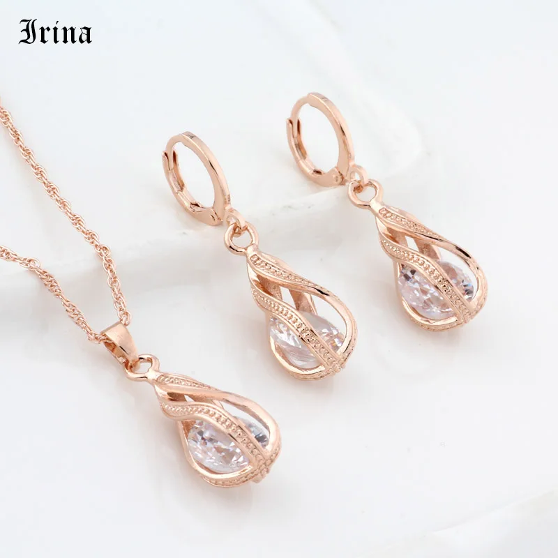 New Gift Trendy Rose Gold Color Long Earrings Set For Women Wedding Hollow Irregular Cubic Zircon Jewelry Sets