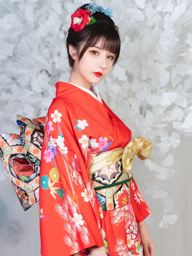 Traditional Japanese Long Kimono with Obi Belts Bow-knot Women Autumn Winter Thick Bath Robe Yukata Femme Vintage Clothing