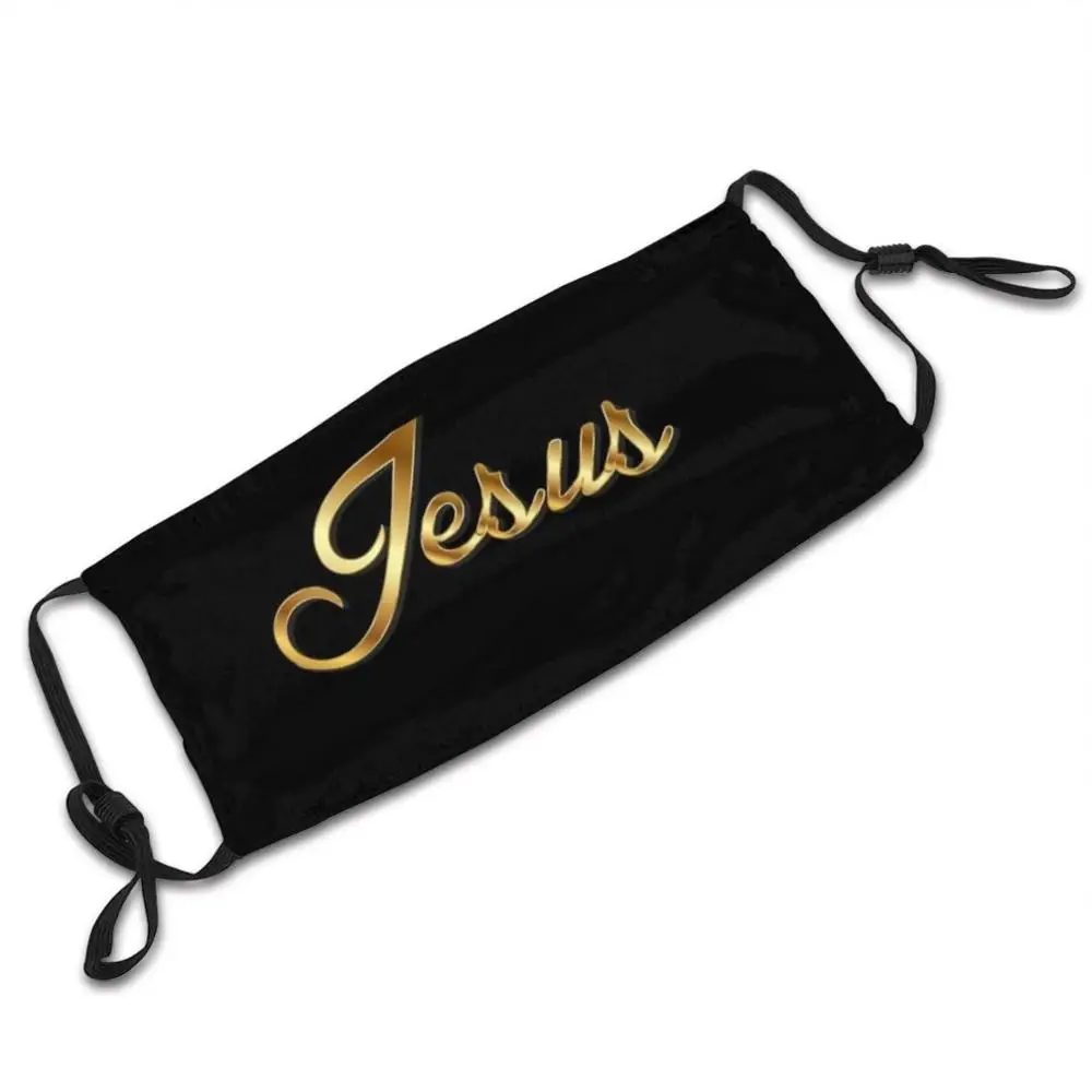 Face Mask , Christian , Jesus In Gold Writing. Face Mask For Church. Mask Cloth Reusable Print Filter Washable Christian Jesus