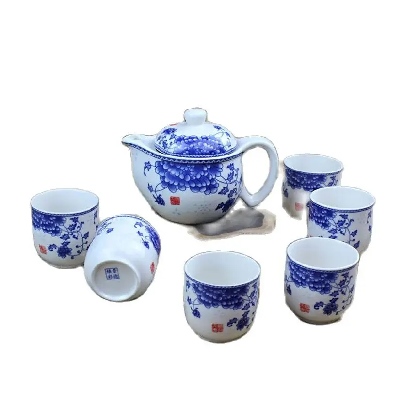 Blue and white porcelain Tea set Include 1 Pot 6 Cup, High quality elegant Cup,Beautiful and easy teapot kettle,kung fu teaset